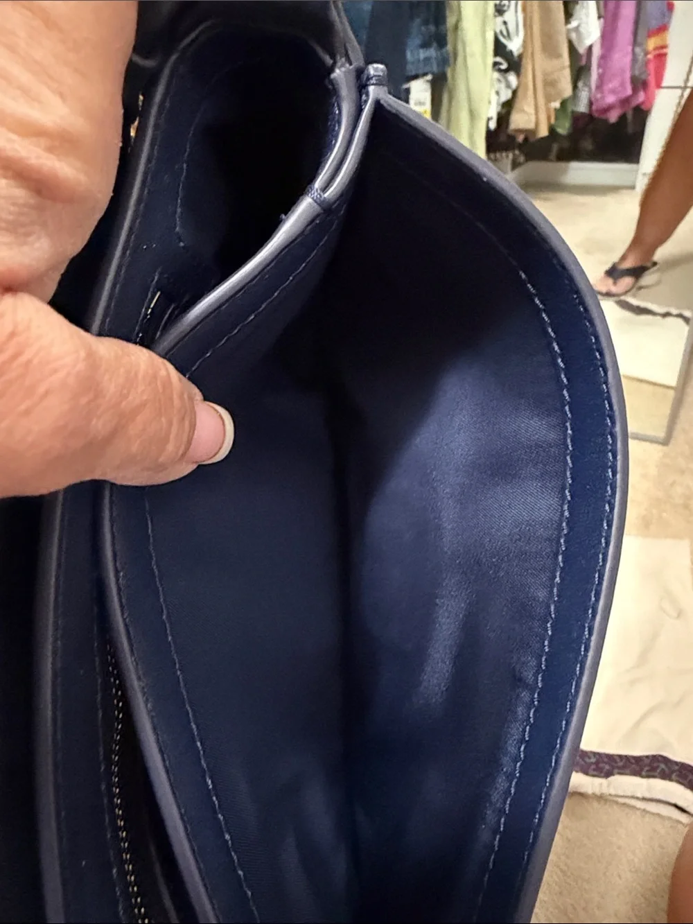 Tory Burch Navy Shoulder Bag with Multicolor Whipstitch and Gold Chain